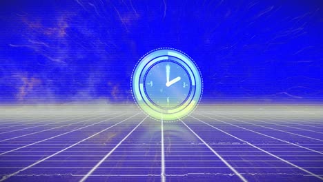 Animation-of-interference-and-moving-clock-over-light-trails-on-blue-background