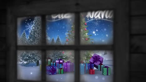 Animation-of-snow-falling-over-christmas-greetings,-gifts,-tree-winter-scenery-seen-through-window