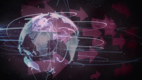 Animation-Von-Pfeilen,-Netzwerk-Von-Verbindungen-Und-Rotierendem-Globus-Im-Schwarzen-Raum