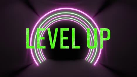 Animation-of-level-up-text-over-neon-tunnel-on-black-background