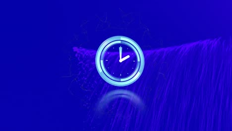 Animation-of-moving-clock-over-light-trails-on-blue-background
