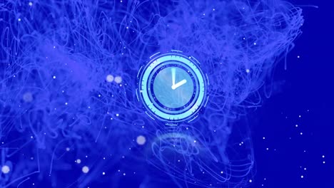 Animation-of-moving-clock-over-light-spots-and-trails-on-blue-background