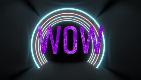 Animation-of-wow-text-over-neon-tunnel-on-black-background