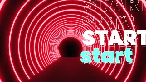 Animation-of-start-text-over-neon-tunnel-on-red-background