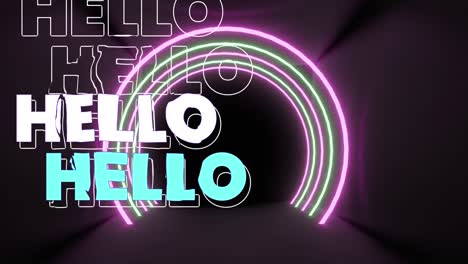 Animation-of-hello-text-over-neon-tunnel-on-black-background