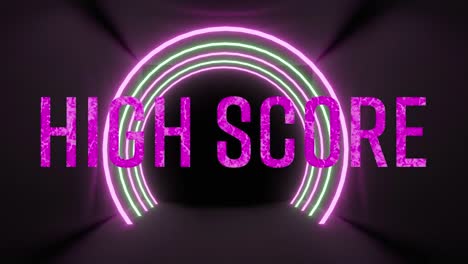 Animation-Von-Highscore-Text-über-Neontunnel-Auf-Schwarzem-Hintergrund
