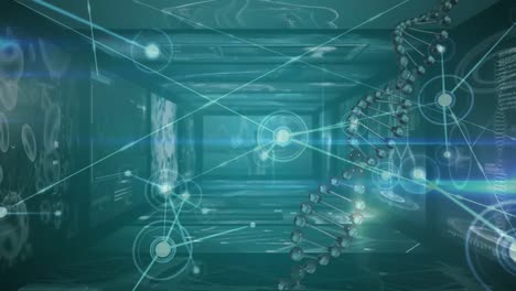 Animation-Eines-DNA-Strangs,-Der-Sich-über-Die-Wissenschaftliche-Datenverarbeitung-Auf-Blauem-Hintergrund-Dreht