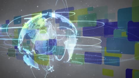 Animation-Eines-Globus,-Der-Sich-über-Weißem-Hintergrund-Mit-Blauen-Und-Grünen-Rechtecken-Dreht