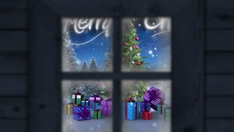 Animation-Von-Schnee,-Der-über-Weihnachtsgrüße,-Baum-Und-Winterlandschaft-Fällt,-Die-Durch-Das-Fenster-Gesehen-Werden