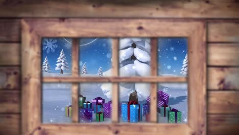 Animation-Von-Schnee,-Der-über-Weihnachtsgeschenke-Fällt,-Und-Einer-Winterlandschaft,-Die-Durch-Das-Fenster-Gesehen-Wird