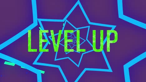 Animation-of-level-up-text-over-star-shapes-on-purple-background