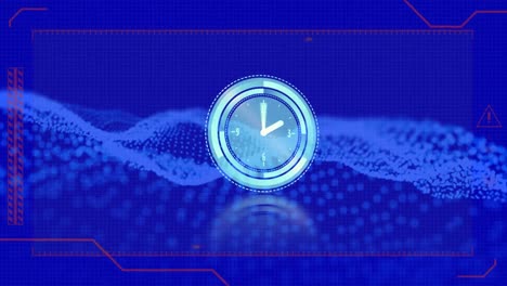 Animation-of-digital-interface-and-moving-clock-over-light-spots-on-blue-background