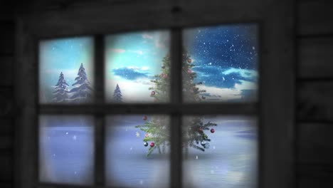 Animation-of-snow-falling-over-christmas-tree-and-winter-scenery-seen-through-window