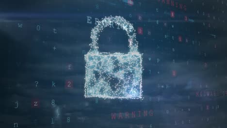 Animation-of-padlock-icon-and-cyber-attack-warning-over-sky-with-clouds