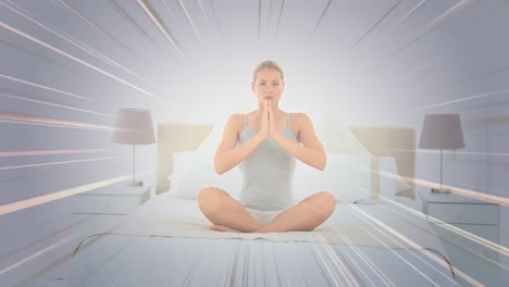 Animation-of-moving-lines-over-caucasian-woman-practicing-yoga-and-meditating