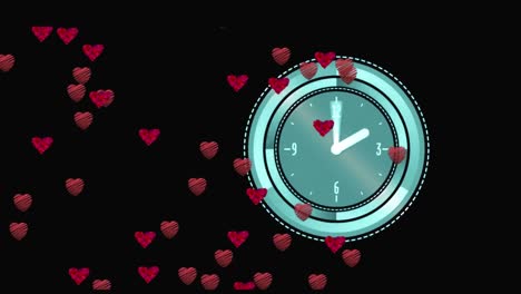 Animation-of-hearts-over-clock-on-black-background