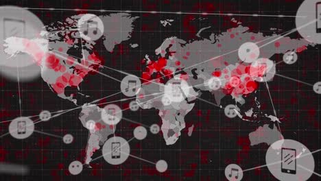 Animation-Des-Netzwerks-Von-Verbindungen-über-Der-Weltkarte-Auf-Schwarzem-Hintergrund