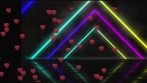 Animation-of-hearts-over-neon-traingles-on-black-background