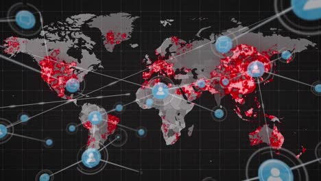 Animación-De-La-Red-De-Conexiones-Sobre-El-Mapa-Mundial-Sobre-Fondo-Negro