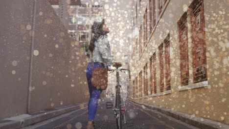 Animation-of-light-spots-over-biracial-woman-walking-with-bicycle