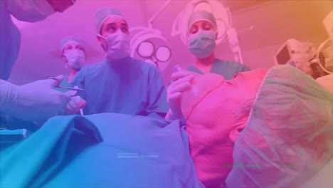 Animation-of-colorful-screen-with-glitch-over-caucasian-male-and-female-surgeons-during-operation