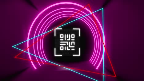 Animation-of-glowing-qr-code-over-neon-shapes-on-purple-background