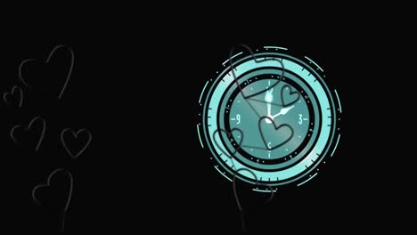 Animation-of-hearts-over-clock-on-black-background