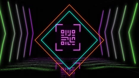 Animation-of-glowing-qr-code-over-neon-geometric-shapes
