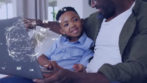 Animation-of-network-of-connections-over-happy-african-american-father-and-son-using-laptop