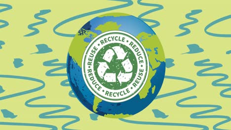 Animation-of-recycling-sign-and-text-over-globe-on-blue-and-green-background