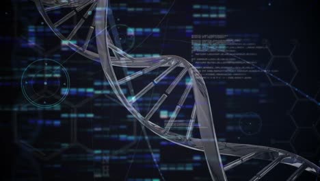 Animation-Eines-DNA-Strangs,-Der-Sich-über-Die-Wissenschaftliche-Datenverarbeitung-Auf-Blauem-Hintergrund-Dreht