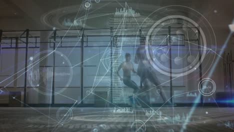 Animation-Eines-DNA-Strangs,-Der-Sich-über-Die-Wissenschaftliche-Datenverarbeitung-Dreht,-Und-Kaukasischen-Männlichen-Läufern