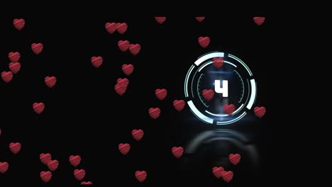 Animation-of-hearts-over-scope-scanning-with-countdown-on-black-background