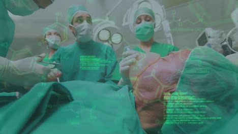 Animation-of-diverse-data-over-caucasian-male-and-female-surgeons-during-operation