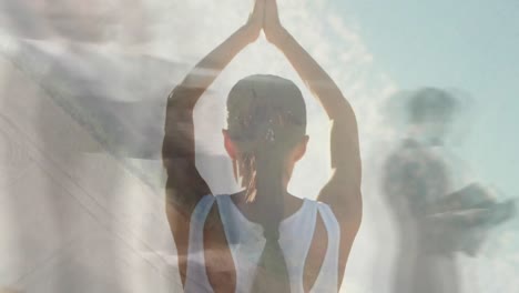 Animación-De-Gente-Caminando-Sobre-Una-Mujer-Caucásica-Practicando-Yoga-Y-Meditando