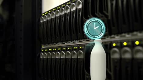 Animation-of-clock-over-vase-and-server-room