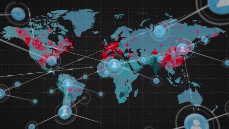 Animation-of-network-of-connections-over-world-map-on-black-bacground