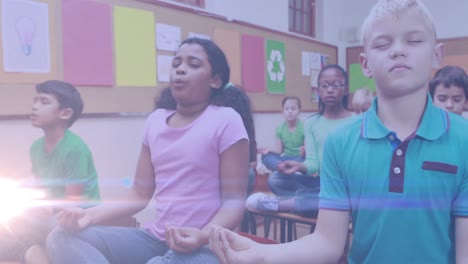 Animation-Von-Lichtpunkten-über-Verschiedenen-Schulkindern,-Die-Yoga-Praktizieren-Und-Meditieren