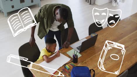 Animation-Von-Büchern-Und-Masken-über-Einem-Afroamerikanischen-Vater,-Der-Seinem-Sohn-Bei-Den-Hausaufgaben-Hilft