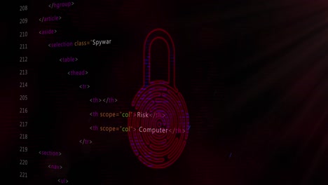 Animation-of-online-biometric-fingerprint-security-padlock,-binary-coding-and-data-processing