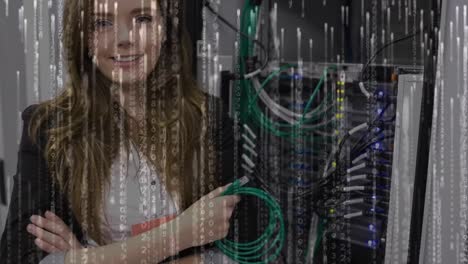 Animation-of-lights-falling-over-happy-caucasian-woman-with-wires-standing-at-servers