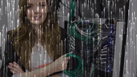 Animation-of-lights-falling-over-happy-caucasian-woman-with-wires-standing-at-servers
