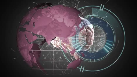 Animation-of-globe-and-scope-scanning-over-digital-brain-on-black-background