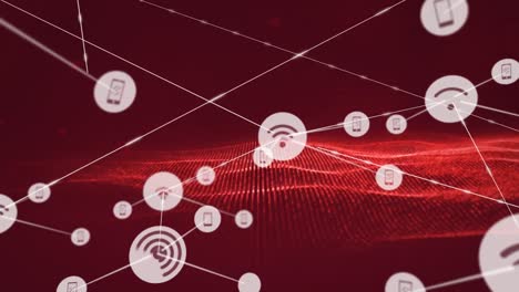 Animation-of-network-of-connections-with-icons-and-mesh-over-red-background