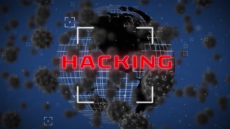 Animation-of-hacking-over-globe-rotating-over-blue-background-with-viruses