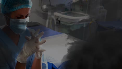 Animation-of-black-clouds-over-sad-biracial-female-nurse-with-face-mask-in-hospital