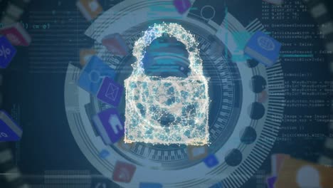 Animation-of-digital-padlock-over-blue-background-with-data-processing-and-digital-icons