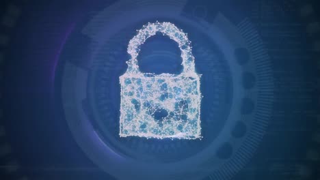 Animation-of-digital-padlock-over-blue-background-with-rotating-circles