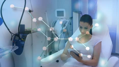 Animation-of-chemical-formulas-over-caucasian-woman-using-tablet-in-hospital