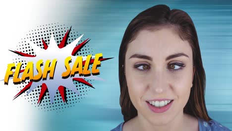 Animation-of-flash-sale-text-over-happy-caucasian-woman